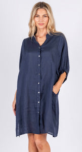 ANNYA LINEN SHIRT DRESS - NAVY