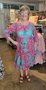 REBECCA MIDI DRESS - TEAL & PINK