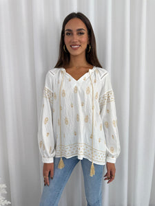ANDREA BOHO TOP - GOLD & WHITE