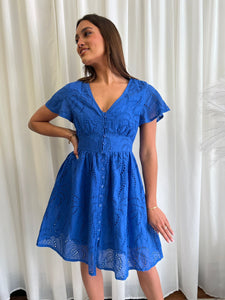 NATALIE BRODERIE ANGLAISE DRESS - BLUE