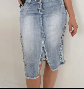 CARRIE STRETCH DENIM MIDI SKIRT - REFUGE DENIM