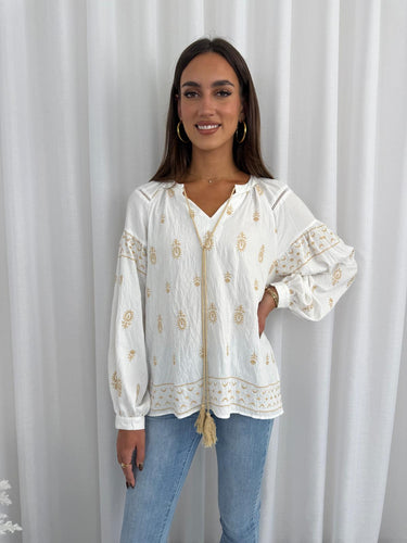 ANDREA BOHO TOP - GOLD & WHITE