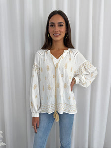 ANDREA BOHO TOP - GOLD & WHITE