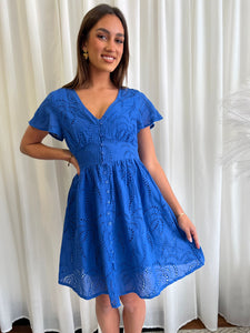 NATALIE BRODERIE ANGLAISE DRESS - BLUE