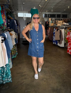 SABINE DENIM VEST DRESS - MID BLUE WASH