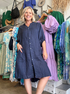 ANNYA LINEN SHIRT DRESS - NAVY