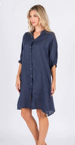 ANNYA LINEN SHIRT DRESS - NAVY