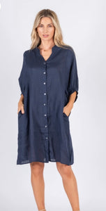 ANNYA LINEN SHIRT DRESS - NAVY