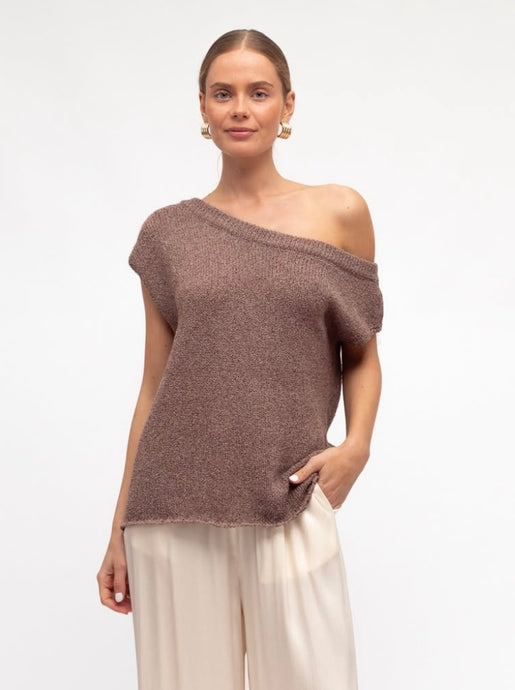 MARLO DROP SHOULDER KNIT TOP - BROWN