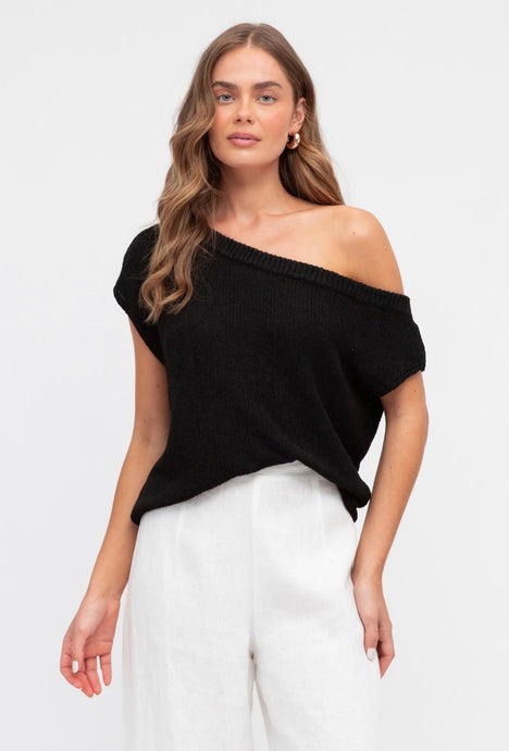 MARLO DROP SHOULDER KNIT TOP - BLACK