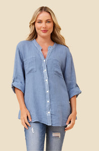 GRACE LINEN SEQUIN TOP - BLUE