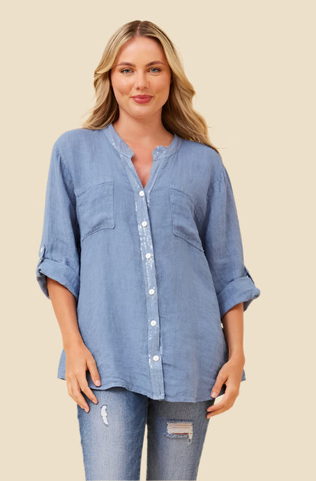 GRACE LINEN SEQUIN TOP - BLUE