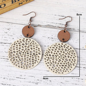 WHITE ROUND WOODEN & LEATHER EARRINGS