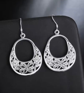 SILVER CARVED BUTTERFLY & FLOWER EARRINGS