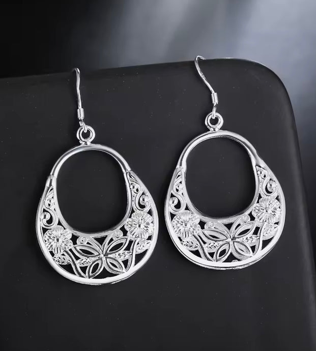 SILVER CARVED BUTTERFLY & FLOWER EARRINGS
