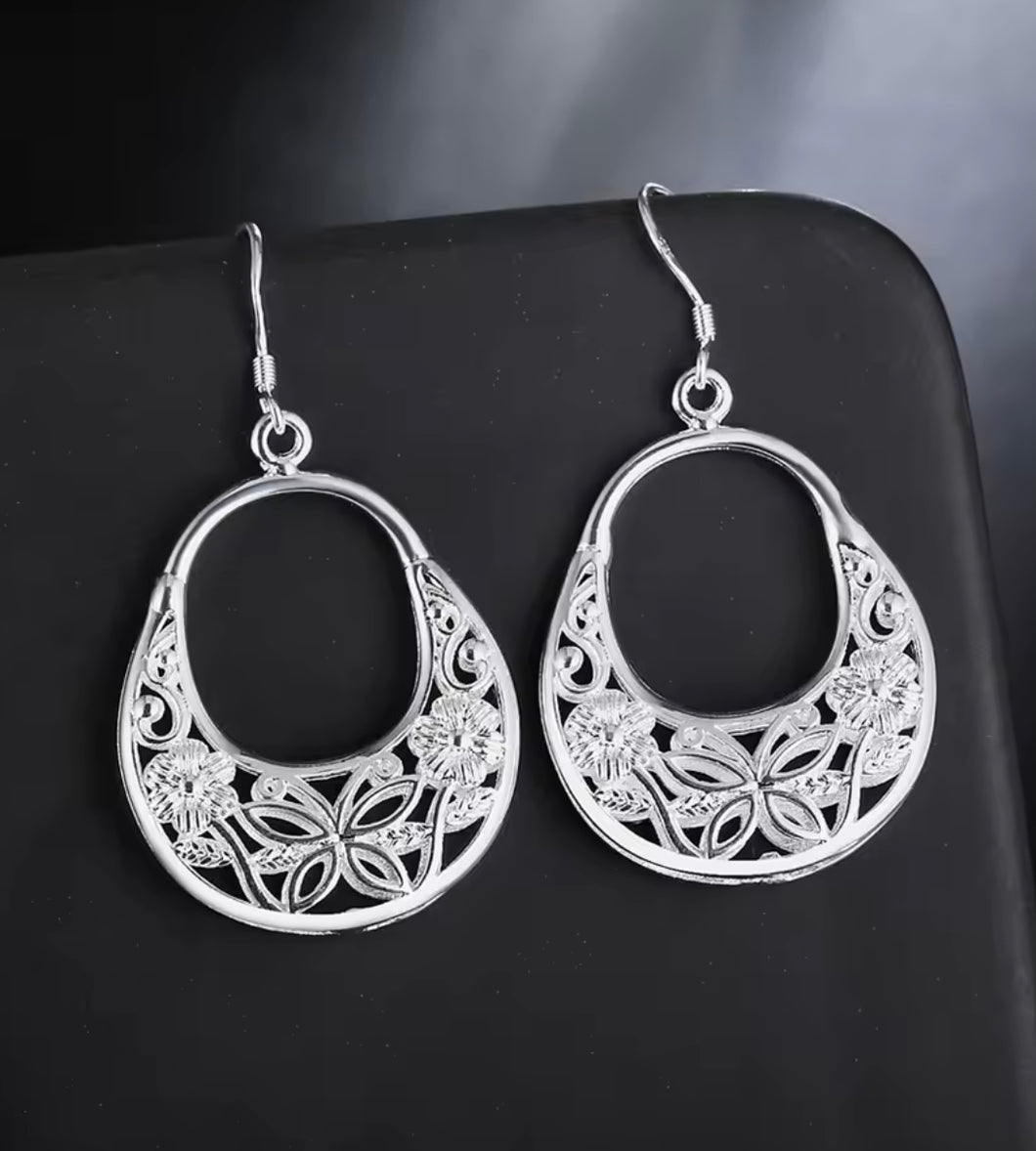 SILVER CARVED BUTTERFLY & FLOWER EARRINGS