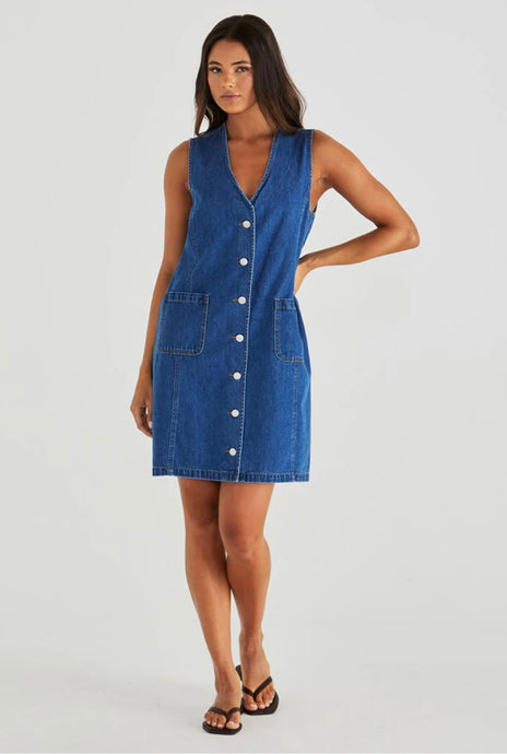 SABINE DENIM VEST DRESS - MID BLUE WASH