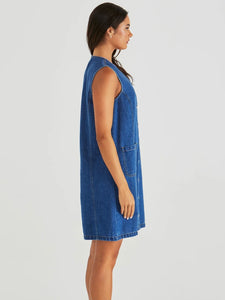 SABINE DENIM VEST DRESS - MID BLUE WASH