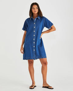 VALE SCALLOPED OVERSIZED DENIM DRESS - MID BLUE WASH