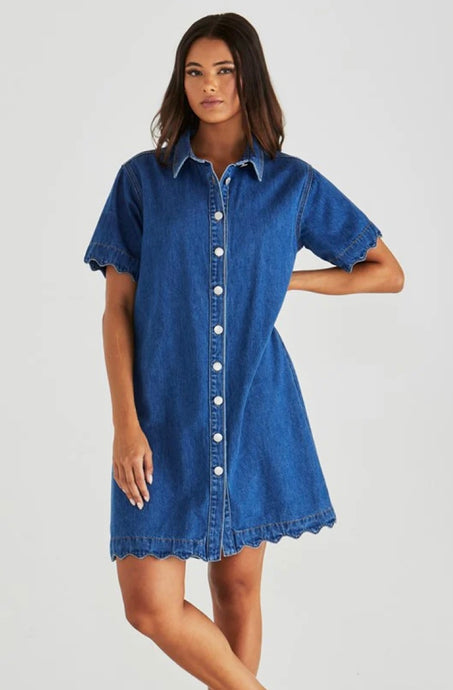 VALE SCALLOPED OVERSIZED DENIM DRESS - MID BLUE WASH