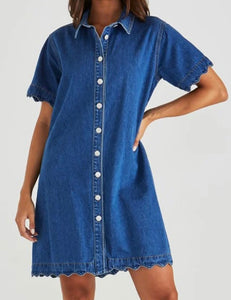 VALE SCALLOPED OVERSIZED DENIM DRESS - MID BLUE WASH