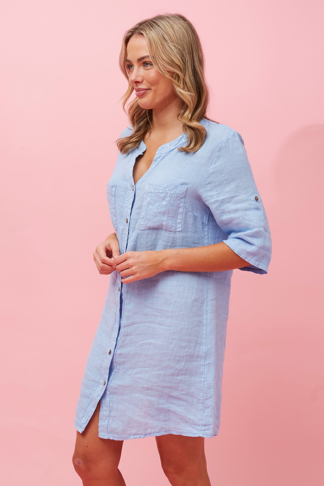 GRACIE ITALIAN LINEN SEQUIN DRESS - BLUE EmberandAsh GRACIE ITALIAN LINEN SEQUIN DRESS - BLUE EmberandAsh