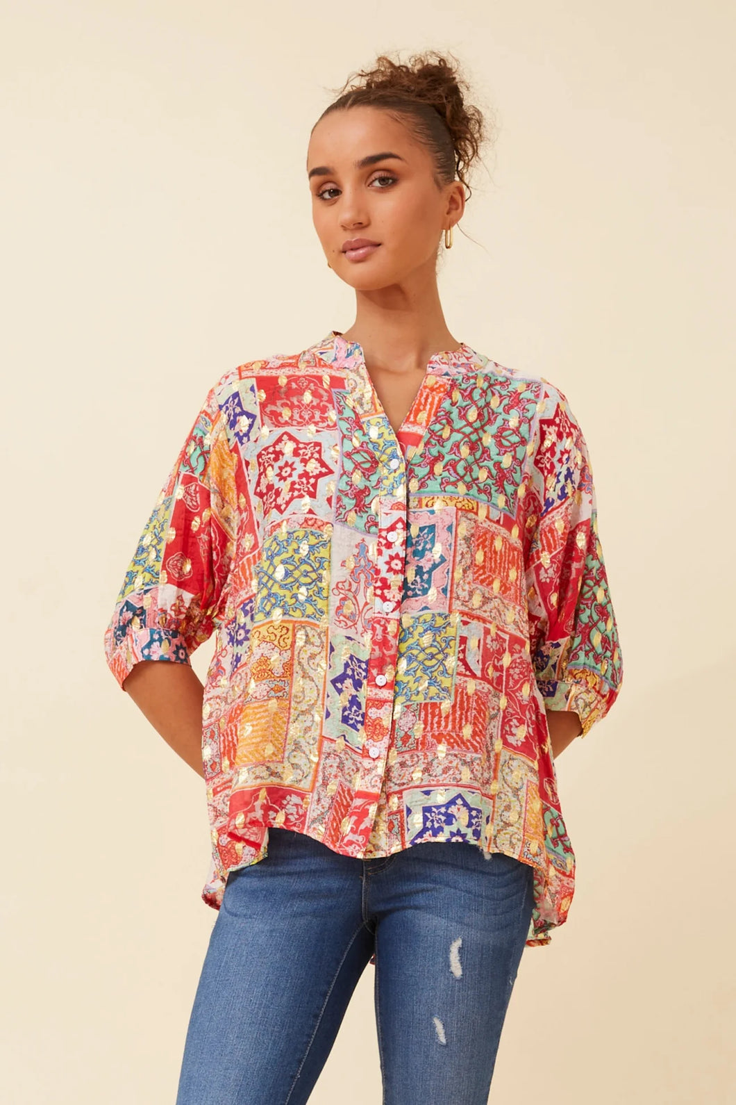 CELINE BLOUSE - RED WITH GOLD DETAILING