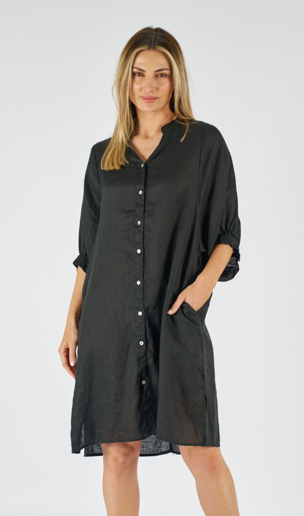 ANNYA LINEN SHIRT DRESS - BLACK