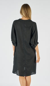 ANNYA LINEN SHIRT DRESS - BLACK