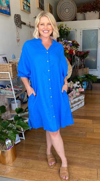 ANNYA LINEN SHIRT DRESS - BLUE