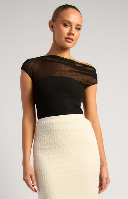 ASYMMETRIC SHEER MESH TOP - BLACK