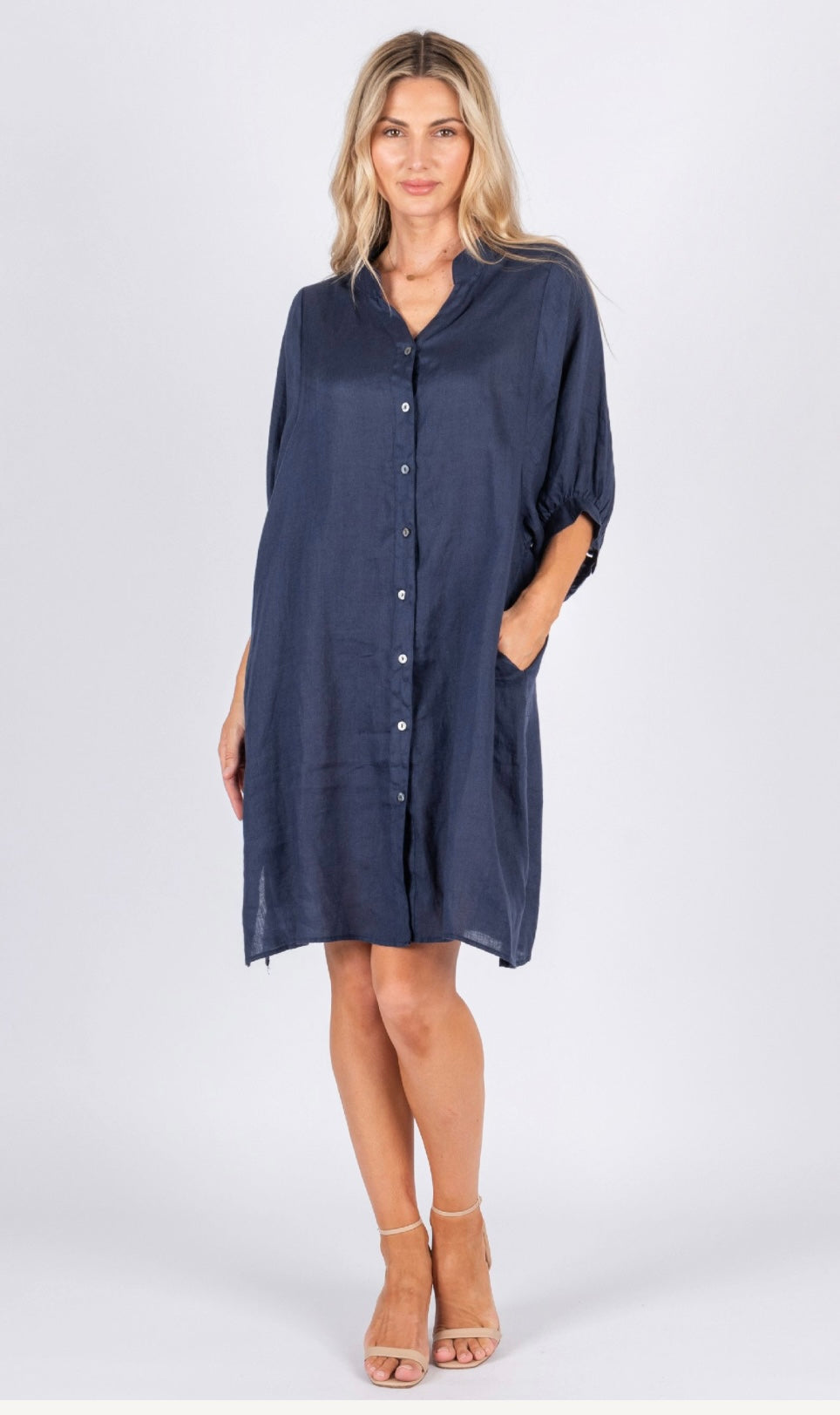 ANNYA LINEN SHIRT DRESS - NAVY