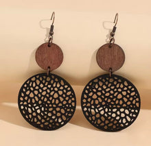 Load image into Gallery viewer, BLACK ROUND WOODEN &amp; LEATHER EARRINGS