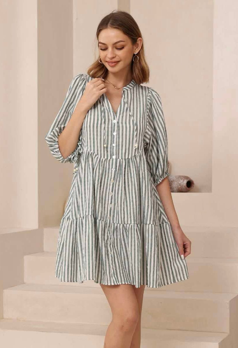 CARLY DRESS - GREEN STRIPE