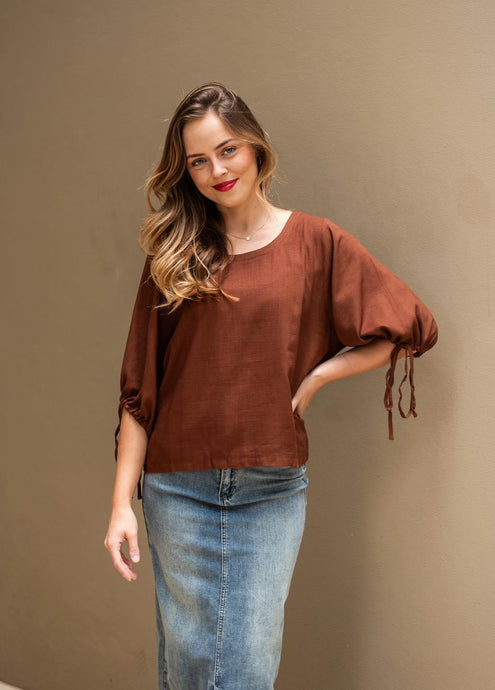 VALIA LINEN TOP - BROWN