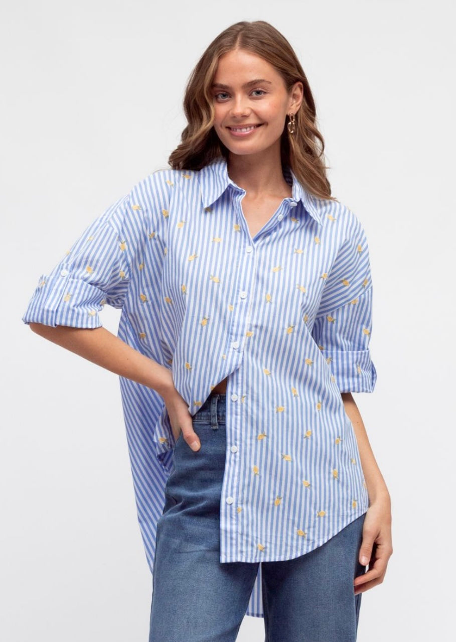 AVI BLUE STRIPE SHIRT WITH EMBROIDERED LEMONS