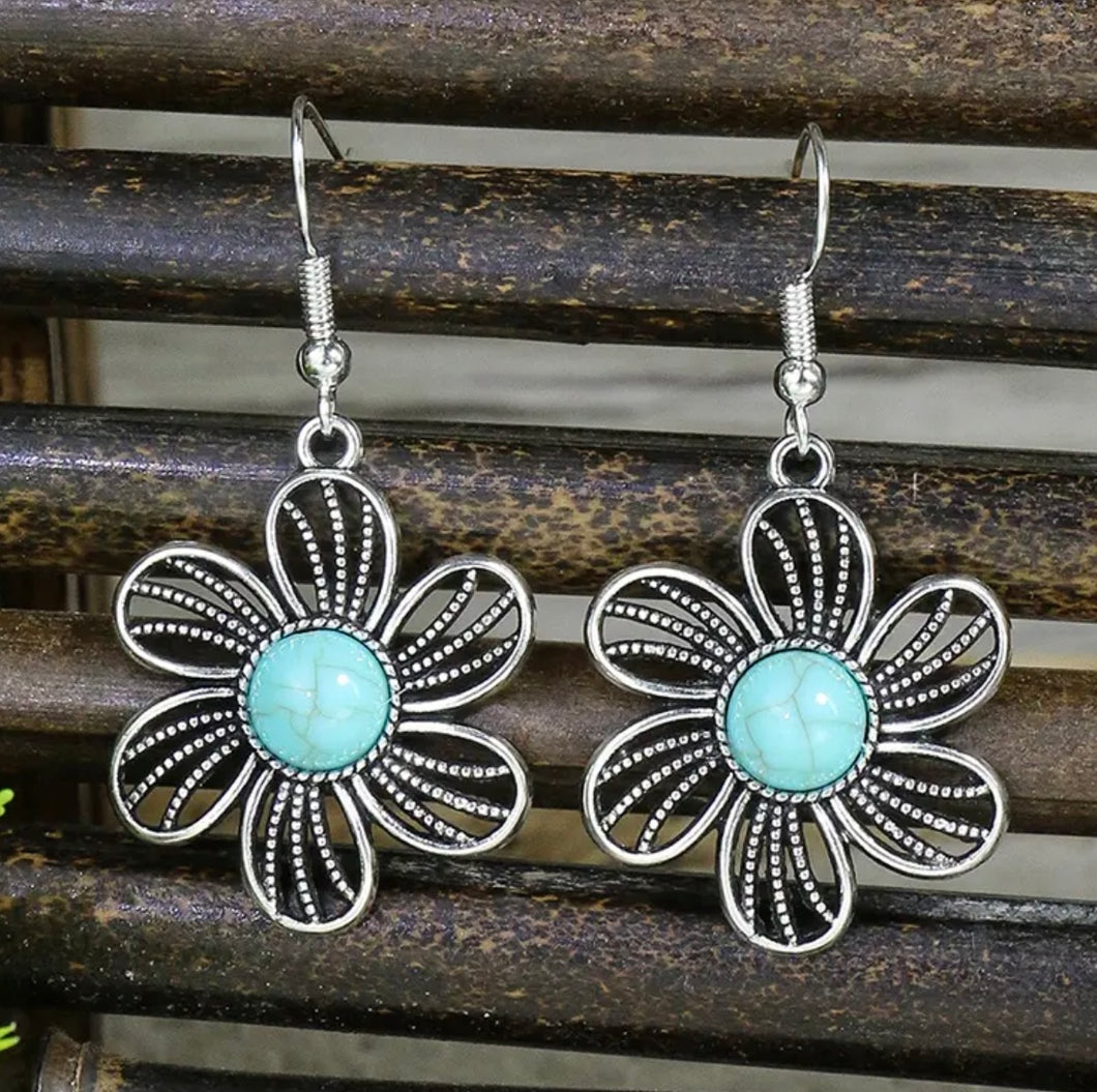 BOHO FLOWER STONE VINTAGE EARRINGS - TURQUOISE