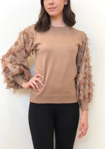 EMILIA FRINGE SLEEVE TOP - BROWN