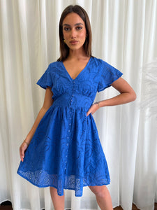 NATALIE BRODERIE ANGLAISE DRESS - BLUE