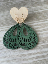 Load image into Gallery viewer, GREEN WATER DROP WOODEN CARVED EARRINGS