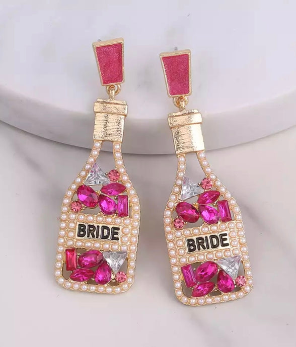 CHAMPAGNE BOTTLE RHINESTONE EARRINGS - PINK BRIDE