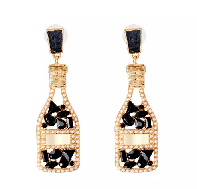 CHAMPAGNE BOTTLE RHINESTONE EARRINGS - GOLD BLACK