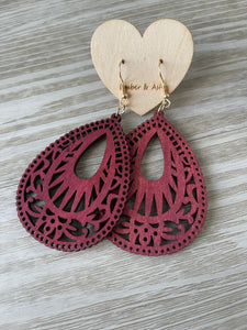 RED WATER DROP WOODEN CARVED EARRINGS