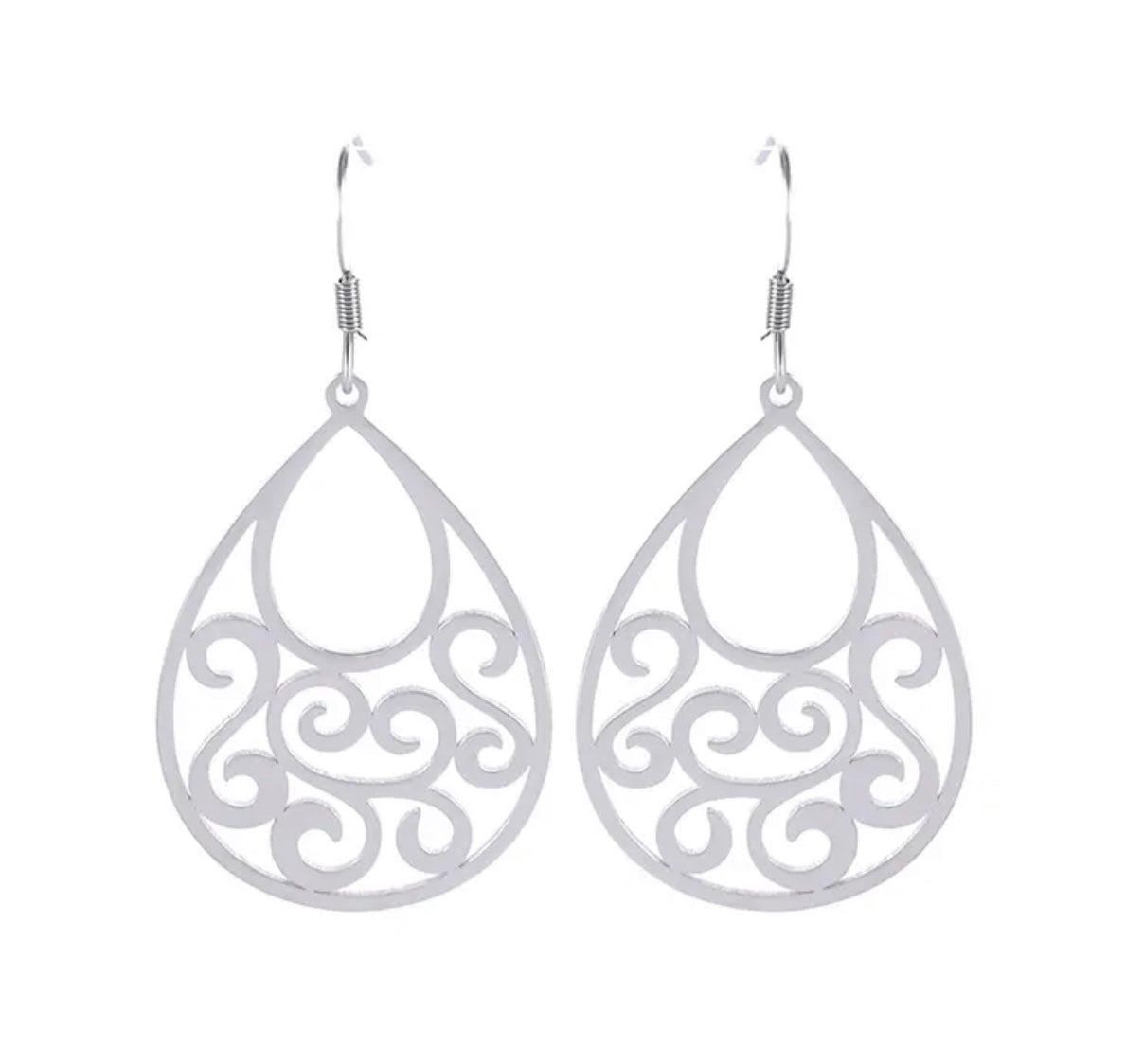 Silver filigree store drop earrings