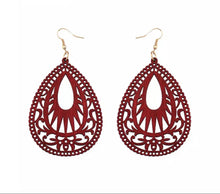Load image into Gallery viewer, RED WATER DROP WOODEN CARVED EARRINGS