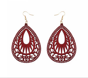 RED WATER DROP WOODEN CARVED EARRINGS