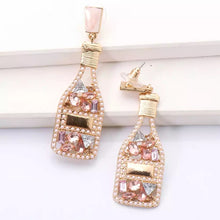 Load image into Gallery viewer, CHAMPAGNE BOTTLE RHINESTONE EARRINGS - GOLD &amp; PINK