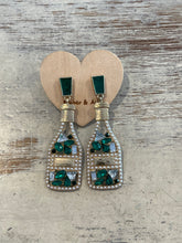 Load image into Gallery viewer, CHAMPAGNE BOTTLE RHINESTONE EARRINGS - GOLD &amp; GREEN