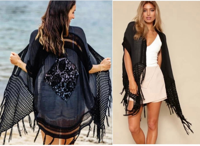 PINK DIAMOND BLACK FRINGE BOHO CAPE