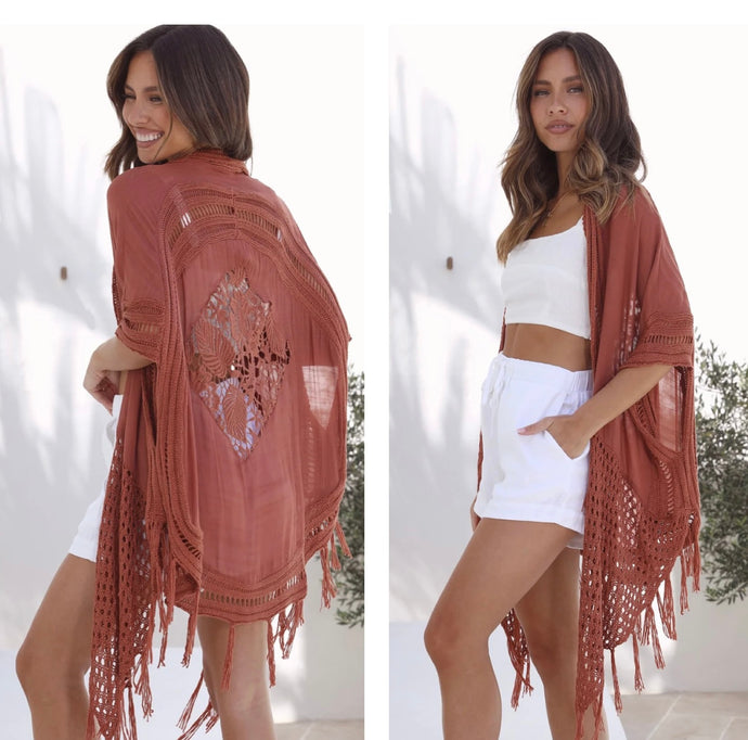 PINK DIAMOND RUST FRINGE BOHO CAPE